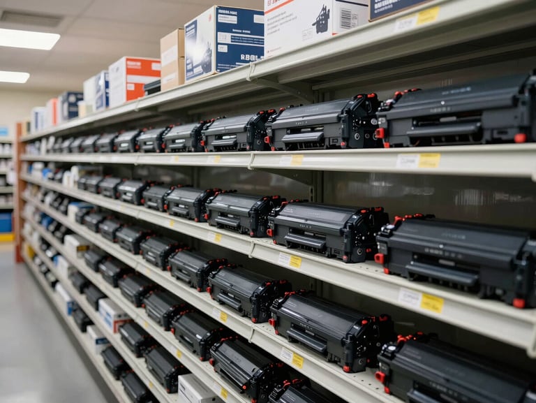 Overhead shot of organized shelves stocked with labeled toner cartridges and printer spare parts in a bright warehouse bay, overhead fluorescent lighting, each item clearly visible and neatly arranged