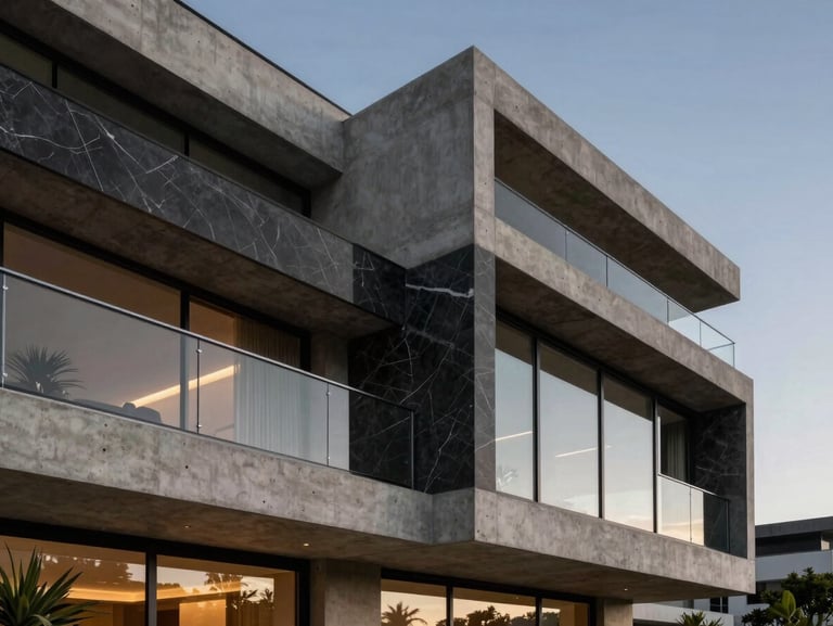 Close-up of a modern concrete and glass villa facade in Barra da Tijuca, dramatic architectural lighting, dark marble accents, evening sky.