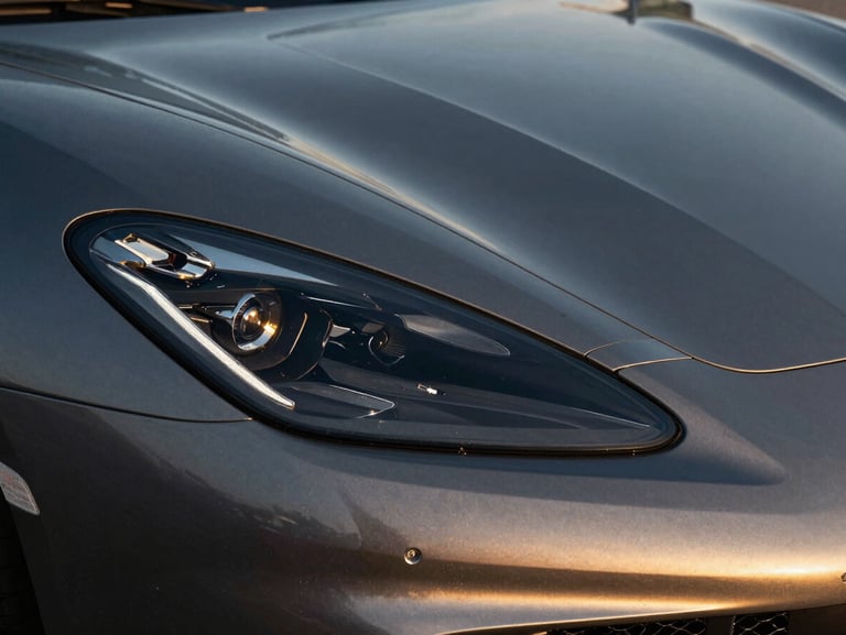 Sleek detail of a luxury superesportivo car headlight, dark metallic paint reflecting golden Rio sunset, high-contrast shadows.