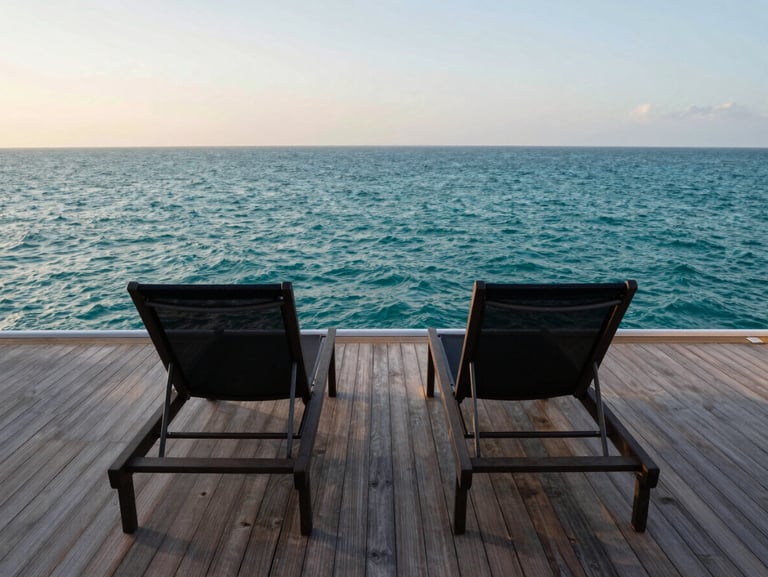 A clean teak cruise deck with two empty lounge chairs facing a vast, calm turquoise ocean at sunrise.