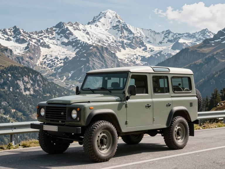 A vintage off-road vehicle parked on a scenic mountain pass in Switzerland, dramatic snow-capped peaks in the background.