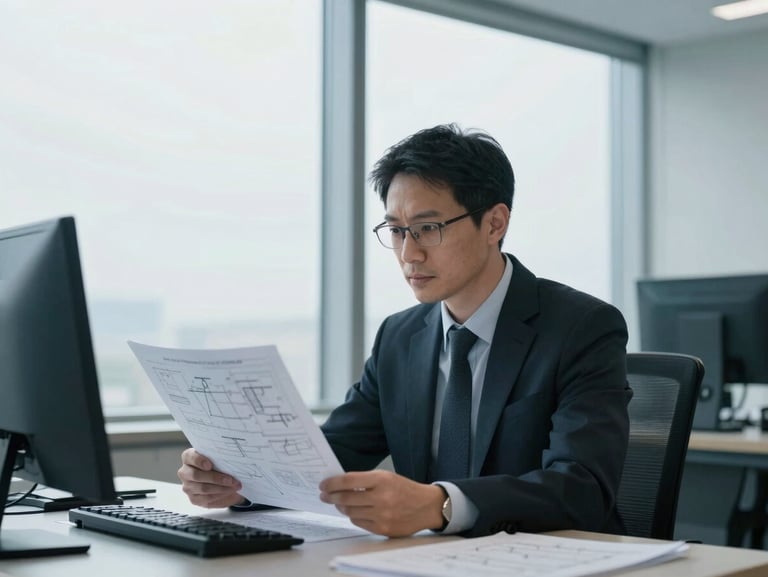 An expert in deep focus reviewing technical schematics in a high-end workspace, soft overcast window light, professional atmosphere, 35mm lens