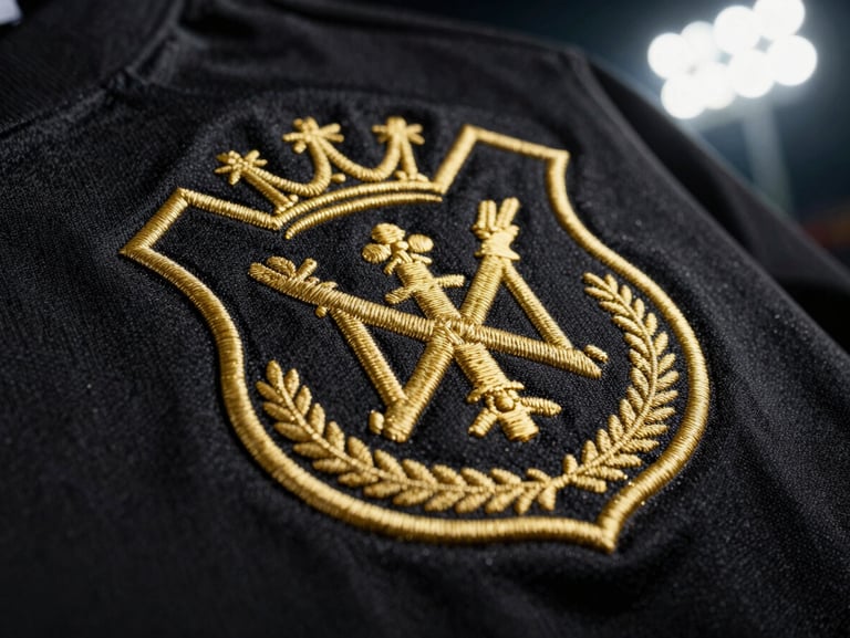 Macro close-up of embroidered gold crest on a black football jersey, dramatic high-contrast studio lighting, sharp fabric texture