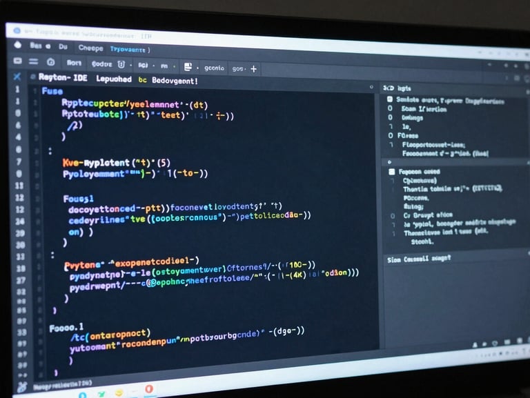 A high-fidelity IDE screenshot showing clean Python code and a terminal window with active deployment logs in cool blue and silver ambient backlighting.