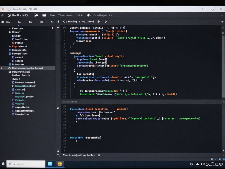 High-fidelity IDE screenshot showing clean Python and React code with active terminal logs and deployment status indicators on a dark screen.