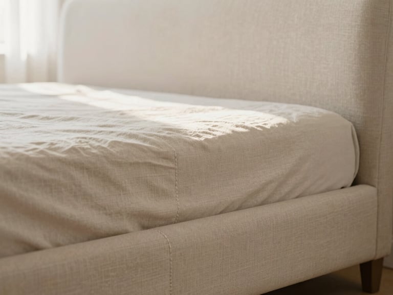 Close-up of a low-profile upholstered bed frame in Belgian linen, double-stitched seams, soft morning light