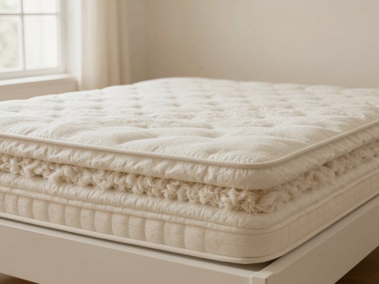 Premium multi-layered mattress showing raw organic cotton and wool layers, clean studio lighting