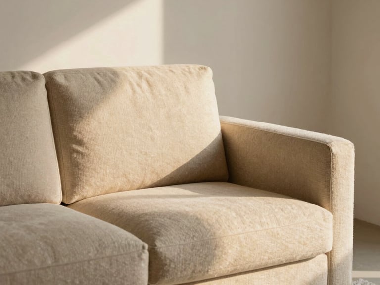 Low-profile minimalist sofa chair in warm beige boucle fabric, soft golden hour shadows