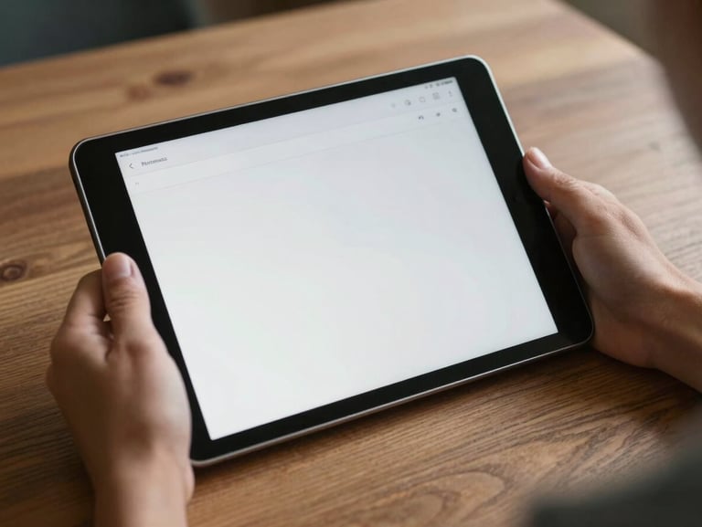 Hands holding a dark-mode tablet displaying a clean document reader, soft diffused light on a wooden table, quiet atmosphere.