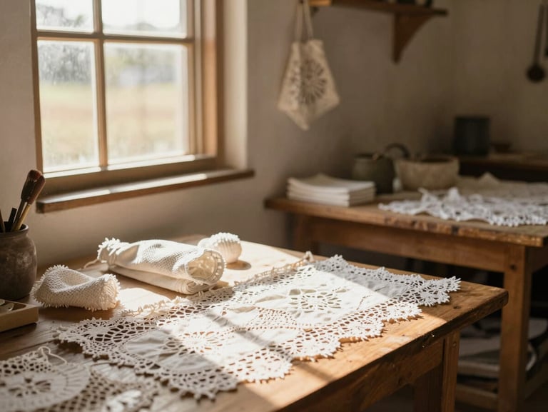 A rustic artisanal lace workshop in Uruburetama, soft natural light streaming through a window onto wooden tables, warm sun-washed tones.