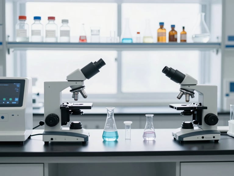 Clean laboratory environment with scientific equipment analyzing biological samples, bright overcast daylight, sterile and precise, high-contrast cool tones.