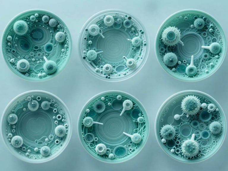 Microscopic view of soil microbiology and active enzymes, crisp clinical lighting, cool teal tones, high contrast, scientific photography.