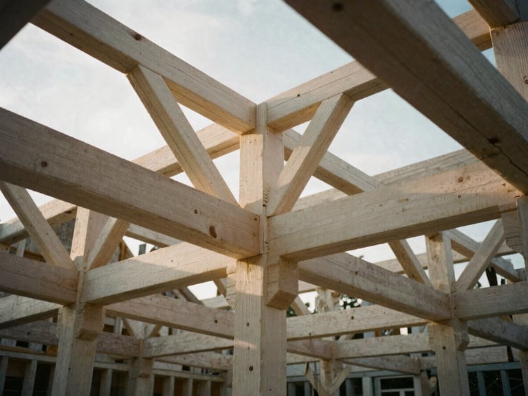 Dramatic structural geometry of a newly raised timber frame interior, clean white oak bents meeting at complex angles, golden hour light streaming through high rafters