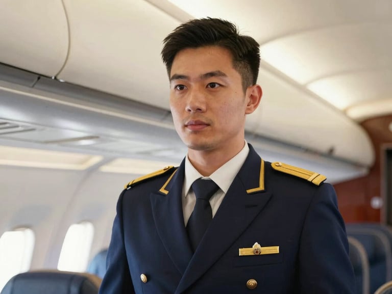 A sharp close-up portrait of a male cabin crew supervisor in a tailored navy uniform with gold accents, standing inside a luxury aircraft cabin, warm soft lighting, 35mm.