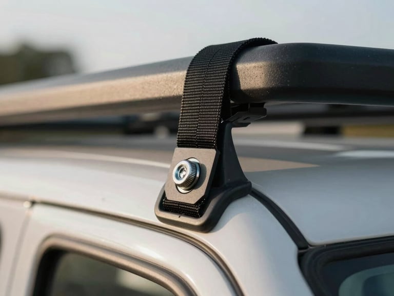Macro close-up of the awning's roof-rail fixing point on a van, stainless bolt through double-stitched webbing, natural workshop light from the side
