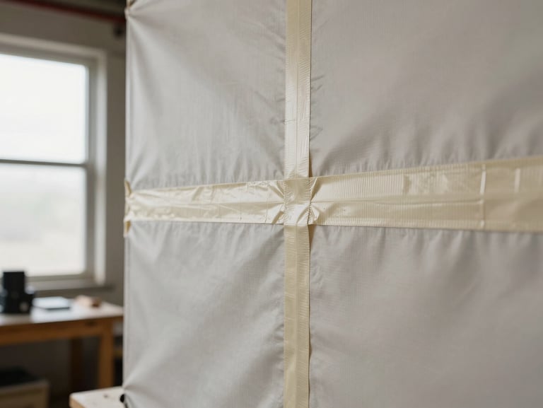Close-up of taped seam on a pale ripstop awning panel, seam tape pressed flat and even, light entering from a workshop window to the left