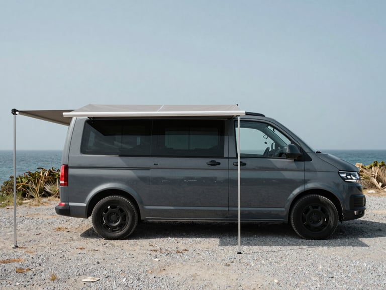 Side-on environmental shot of a grey campervan parked on a coastal gravel spot with a fitted side awning extended, heavy canvas fabric taut over aluminium poles, natural daylight, no people