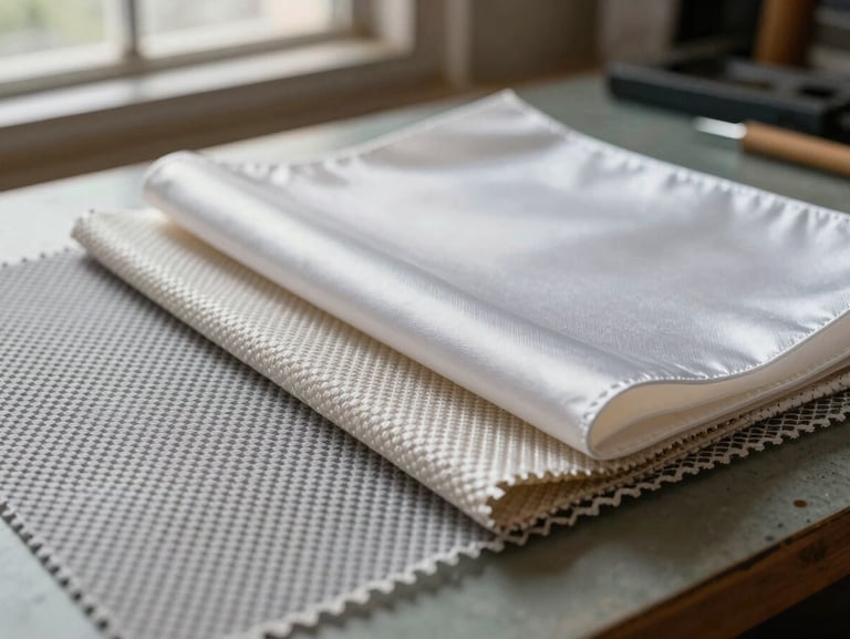 Flat-lay macro of three stacked fabric swatches — a woven acrylic, a coated polyester, and a mesh shade cloth — on a workshop bench under natural window light, texture and weave structure clearly visible