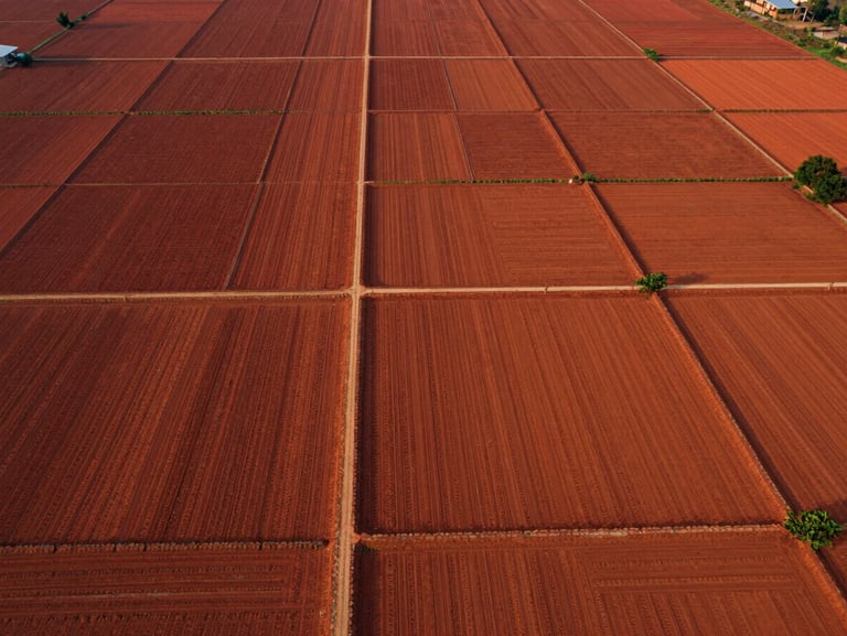 Wide aerial drone shot of structured, clear-titled Andhra land parcels at golden hour, showing neat boundaries and rich red soil.