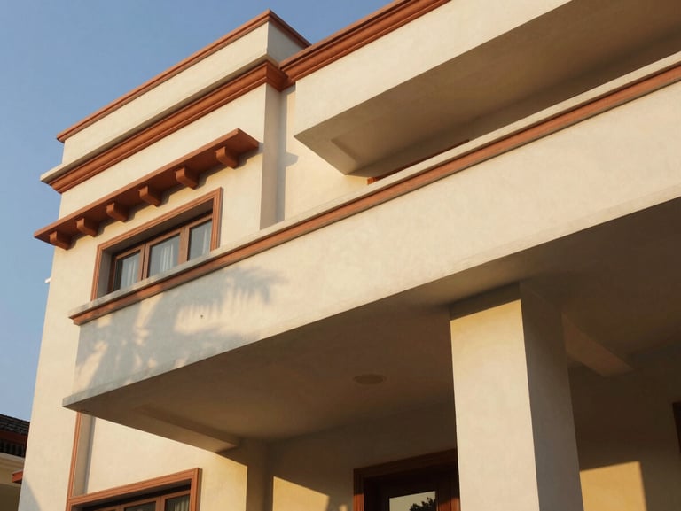 Architectural close-up of a premium villa facade in Andhra Pradesh, clean lines, terracotta accents, warm golden hour sunlight casting long shadows.