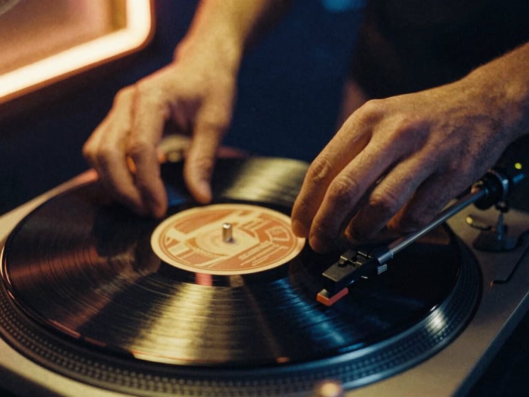 Close-up of hands gently placing a vinyl record needle onto a rotating turntable, warm gold light reflecting off the vinyl grooves, 35mm film grain