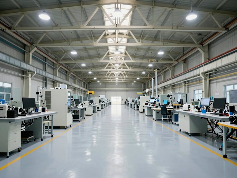 Interior of an advanced manufacturing facility, pristine epoxy floors, symmetrical steel roof trusses, precise industrial lighting.