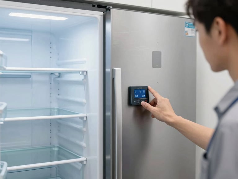 A modern stainless steel refrigerator interior with clean shelving, soft lighting, and a technician checking the digital thermostat panel.