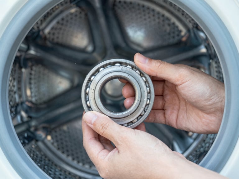 Close-up of clean hands replacing a washing machine drum bearing with professional tools, metallic and water droplets visible, sharp focus.