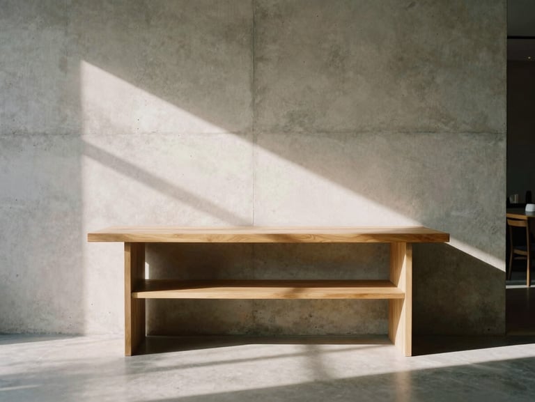 Warm architectural interior, soft daylight casting long shadows on a concrete wall, minimalist oak furniture, medium-format photography.