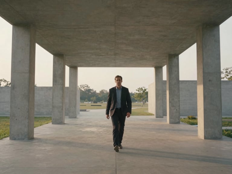 Cinematic wide shot of an architect walking through a modern concrete pavilion, soft morning light, muted organic tones, cinema glass.