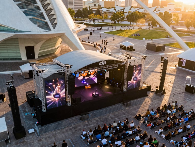 Aerial close-wide view of an outdoor brand event in Valencia, branded stage structure and audience grid visible from above, late afternoon golden light raking across the space, DJI Mini 5 Pro perspective, no faces identifiable