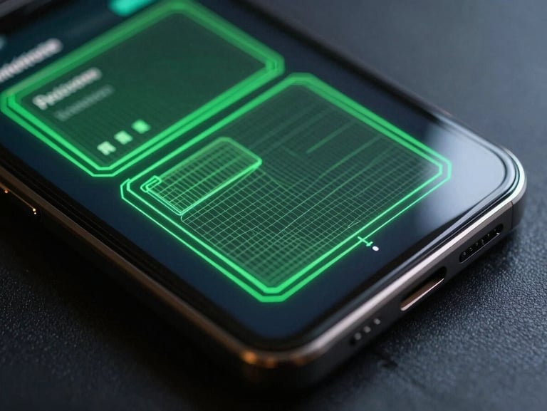 Macro top-down view of a physical Android device screen displaying a glowing green vector wireframe of a UI layout, high-contrast studio lighting with neon edge-glows reflecting off dark glass.