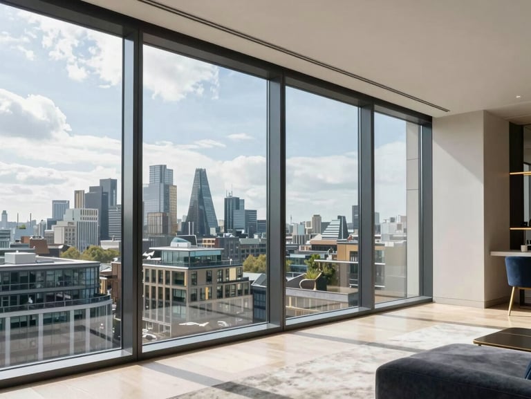 Bright architectural shot of a modern penthouse living room, floor-to-ceiling windows overlooking London, flawless glass reflections, absolute order