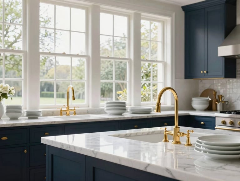 Pristine luxury kitchen with white marble countertops, gold faucets, bright natural daylight streaming through tall sash windows, neatly stacked porcelain