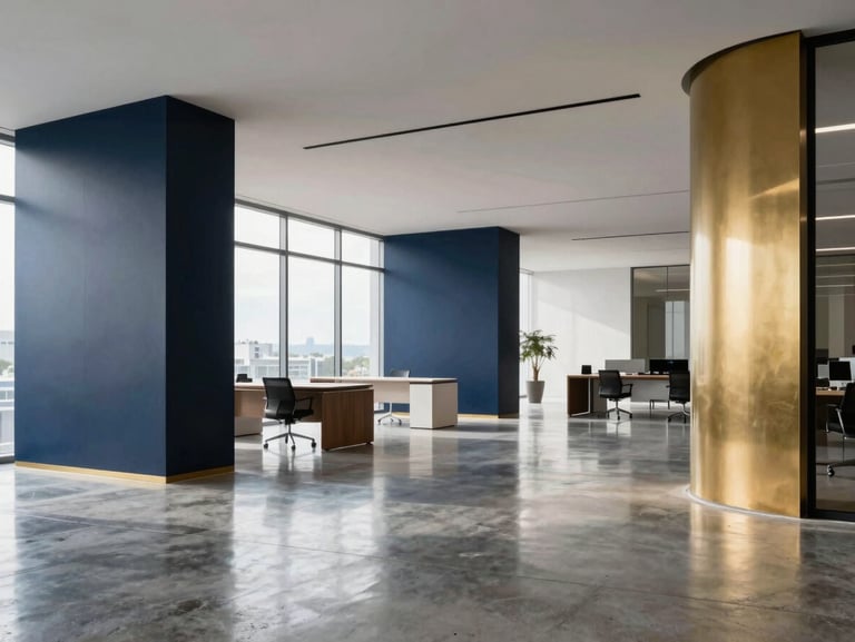 Immaculate modern office interior, high-contrast daylight reflecting off polished concrete floors, minimalist desks, sharp architectural lines