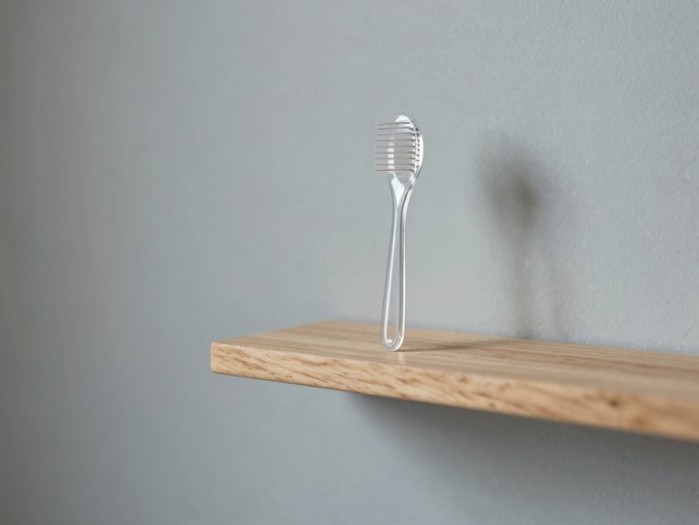 Minimalist clean salon interior with natural light, focusing on a wooden shelf with clear clinical scalp care tools, 35mm