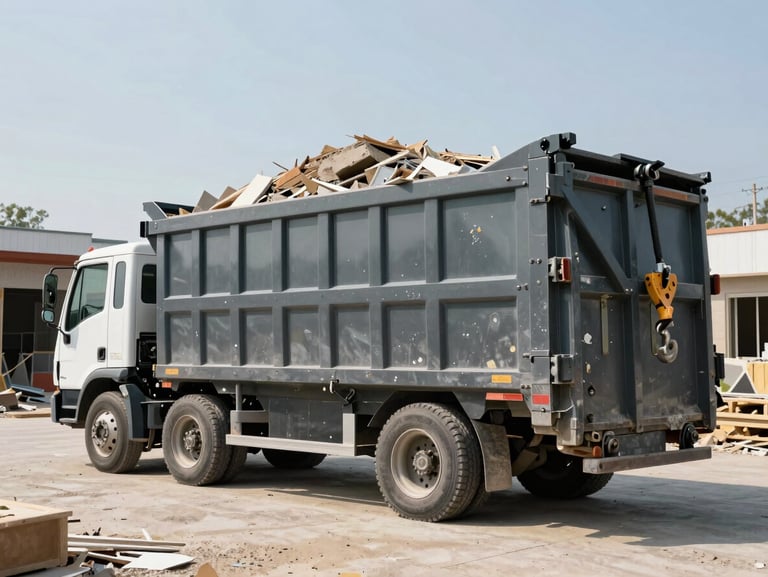 Wide shot of a Drop & Haul truck hooking a fully loaded dumpster for pickup on a finished masonry job site, debris mounded above the container rim, flat midday light, no people in frame