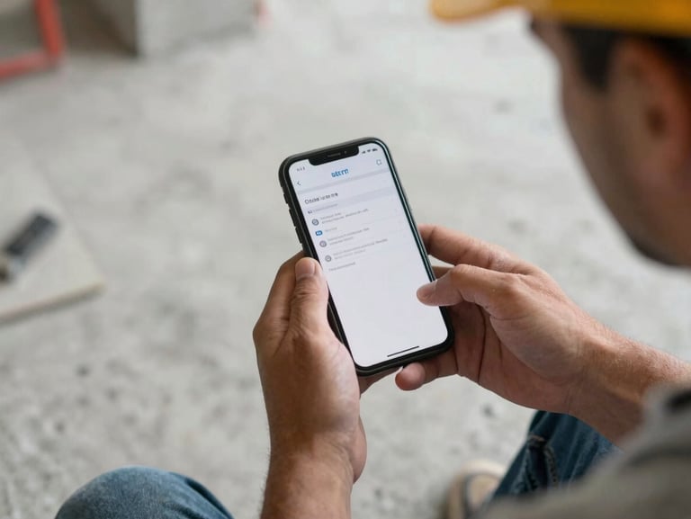 Close overhead shot of a contractor's hands holding a phone displaying a quote confirmation screen, concrete job-site floor visible beneath, harsh daylight, no staging