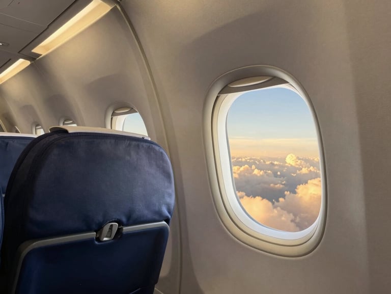 Quiet first-class cabin interior with clean geometric lines, soft warm lighting, window showing golden hour clouds, premium editorial photography style