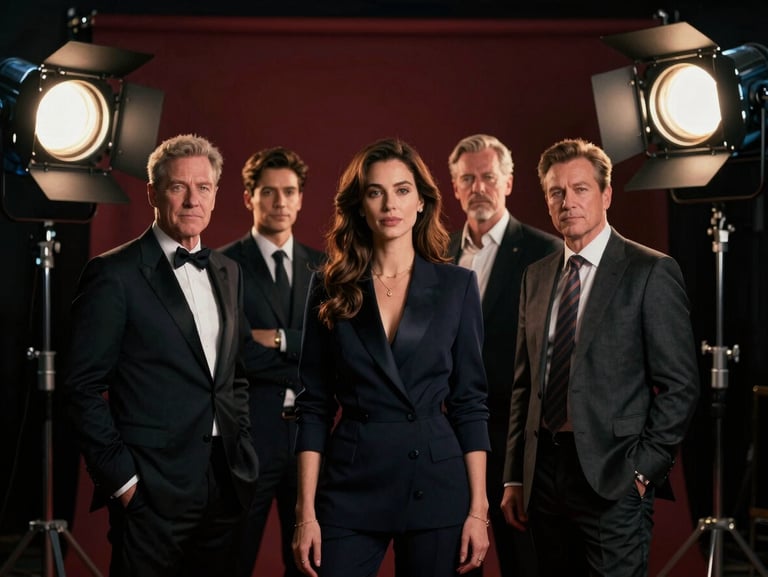 Cinematic frame of a luxury commercial shoot, professional actors under studio lights, rich moody tones, 35mm