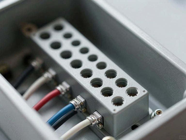 Macro shot of neat wiring inside an electrical enclosure with terminal blocks and zip ties, high-contrast directional desk light, cool metallic tones.