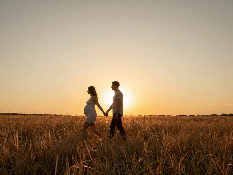 Wide cinematic shot of an expecting couple walking through a golden wild grass field at sunset, low horizon, expansive warm sky, natural unposed movement.