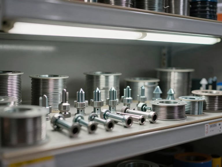 Close-up of coiled binding wire and fastener hardware arranged on a warehouse shelf under fluorescent work lights, organized rows, no people