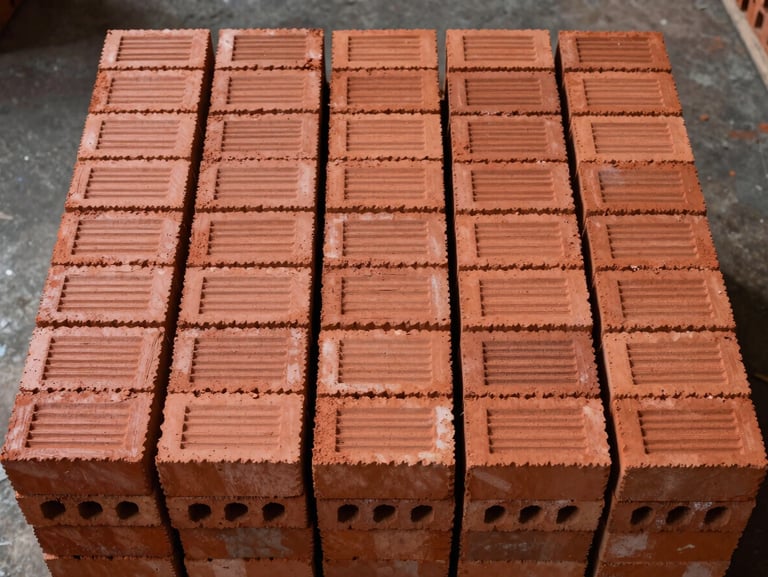 Overhead grid shot of red clay bricks arranged in a neat stack on a warehouse floor under work lights, sharp shadows emphasizing the uniform rows, no people