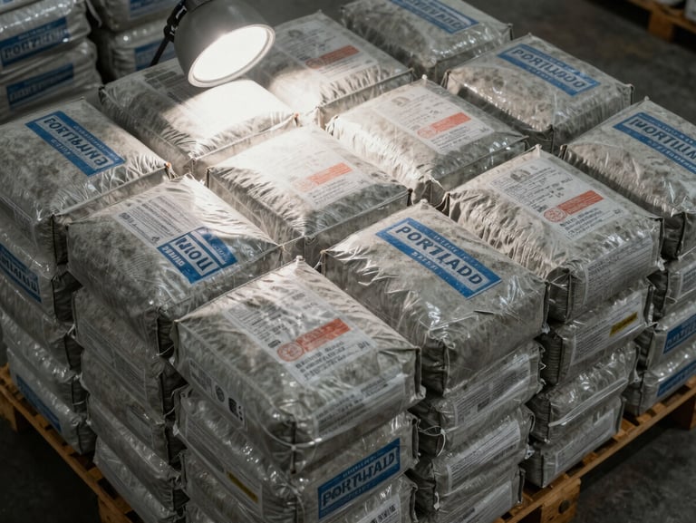 Close-up overhead shot of Portland cement bags stacked in tight rows on a warehouse pallet, work-light overhead, mill labeling visible, no people