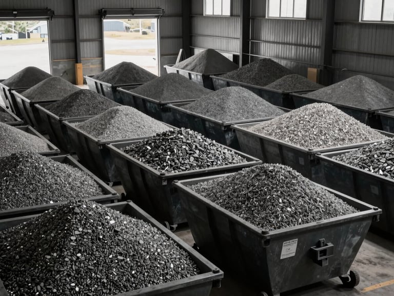 Wide shot of aggregate gravel and crushed stone bins organized in a row inside a warehouse, natural daylight entering from loading bay doors, high contrast, no workers
