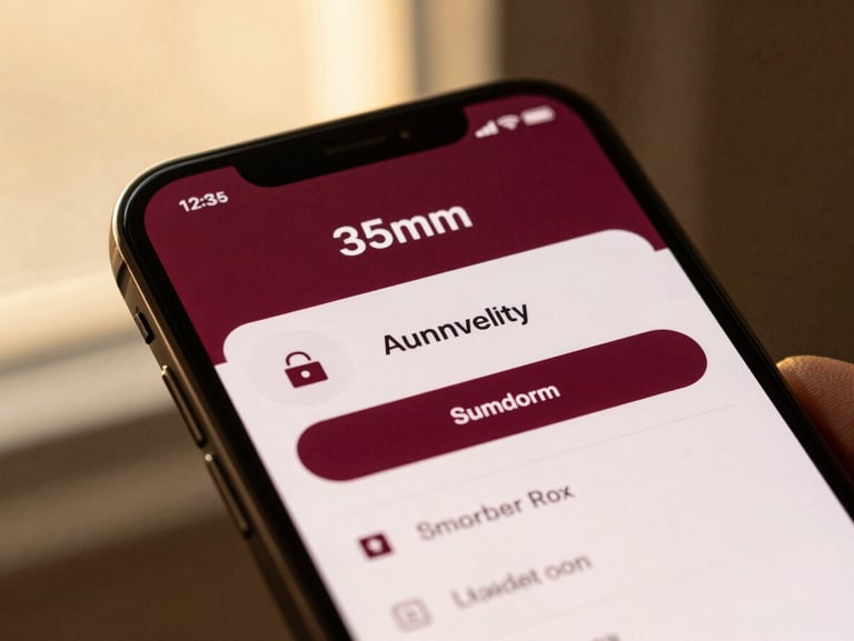 Editorial close-up of a premium smartphone displaying a clean banking interface, warm golden-hour light reflecting on glass, rich bordeaux and cream tones, 35mm