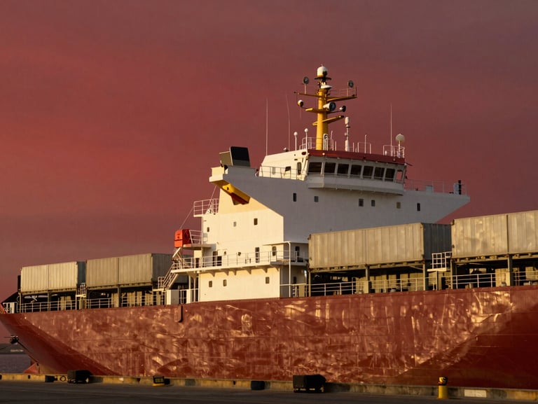 Modern cargo ship docked at the Port of Luanda during golden hour, deep red sky, clean industrial composition, editorial feel, 35mm