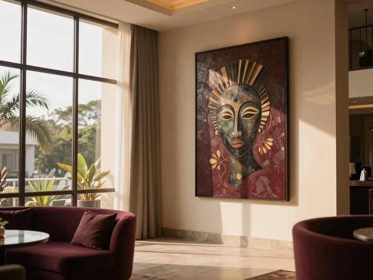 Sophisticated hotel lobby in Luanda, warm natural light pouring through large windows, modern African art, bordeaux tones, shallow depth of field, 35mm