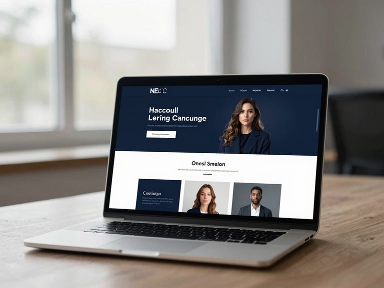 Portrait-oriented view of a digital campaign landing page displayed on a laptop screen, office daylight from a window behind, dark navy brand palette visible, minimal UI design, no faces